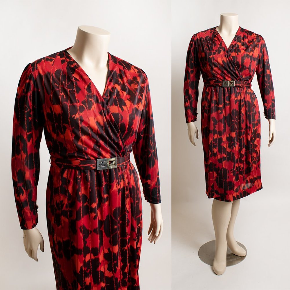 Red & Black Vintage Style Wrap Dress Striped Draped Floral Print Large 70s Look
